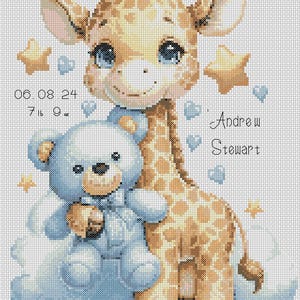 Grille de point de croix New Baby Nounours et girafe bleu