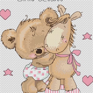 Grille de point de croix Nouveau bébé ours et poney rose