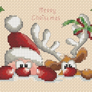 Grille de point de croix Père Noël et renne, idéale pour les cartes de Noël