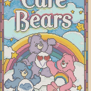 May include: A cross-stitch pattern featuring the Care Bears, a group of colourful teddy bears with heart symbols on their tummies. The pattern includes the words "Care Bears" and a rainbow.