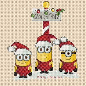 cross stitch chart Christmas Minions at the North Pole