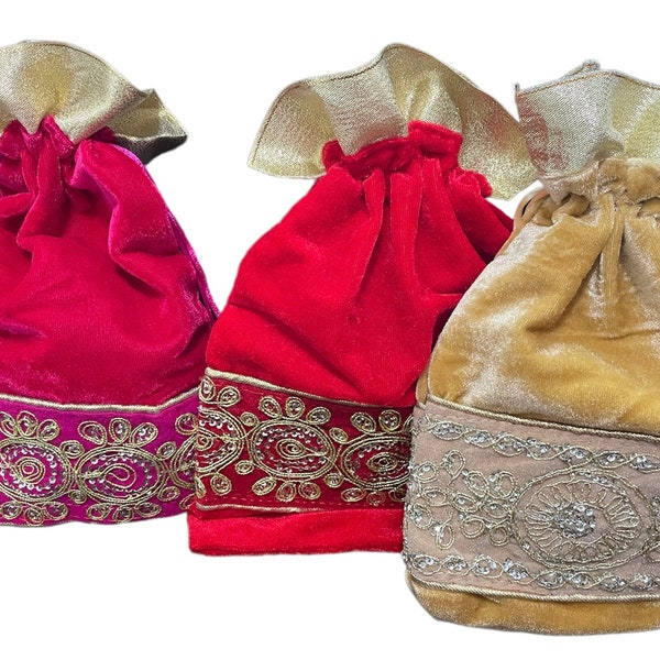 Indian Ethnic String Bag velvet with golden floral zari lace/ Return Gift bags/ Thamboolam Bags/ housewarming bags/ gift bags/ festive bags