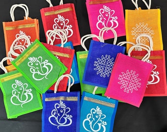 Ganesha Rangoli Jute Bags – Indian Return Gift, Wedding Favor (Pack of 5)