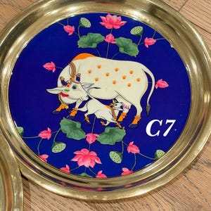 Brass Pooja Thali 8 Inch | Pichwai Cow Puja Plate | Indian Aarti Thali | Diwali Housewarming Gift | Wedding Return Gift Bulk USA C7