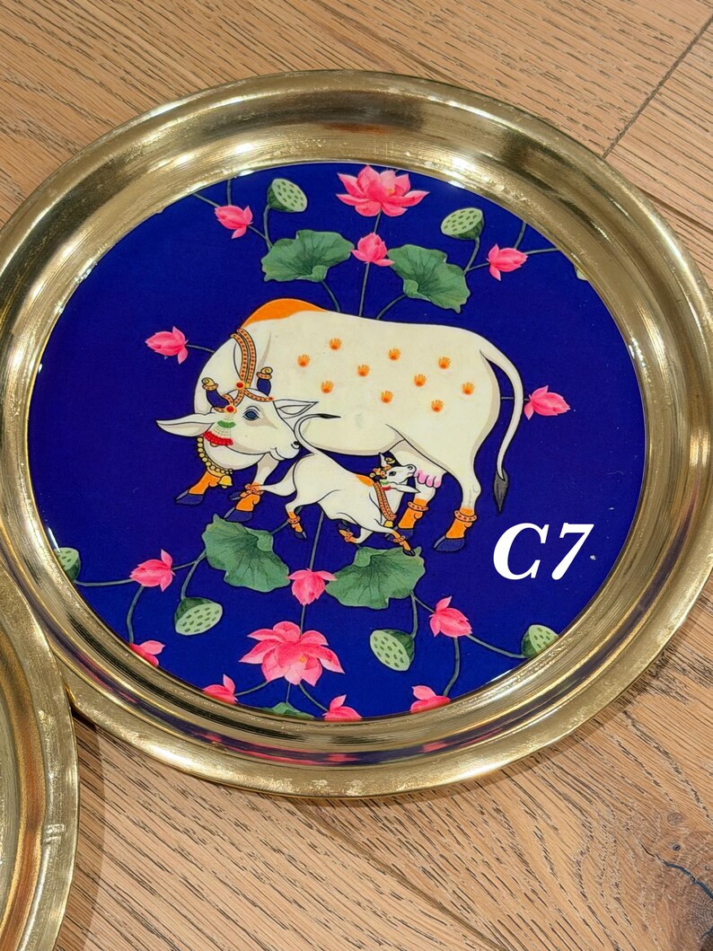 Brass Pooja Thali 8 Inch | Pichwai Cow Puja Plate | Indian Aarti Thali | Diwali Housewarming Gift | Wedding Return Gift Bulk USA C7