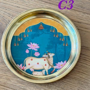 6” Handmade Brass Pooja Thali USA | Pichwai Cow Art | Indian Puja Plate | Diwali Gift | Wedding Return Gift Bulk C3