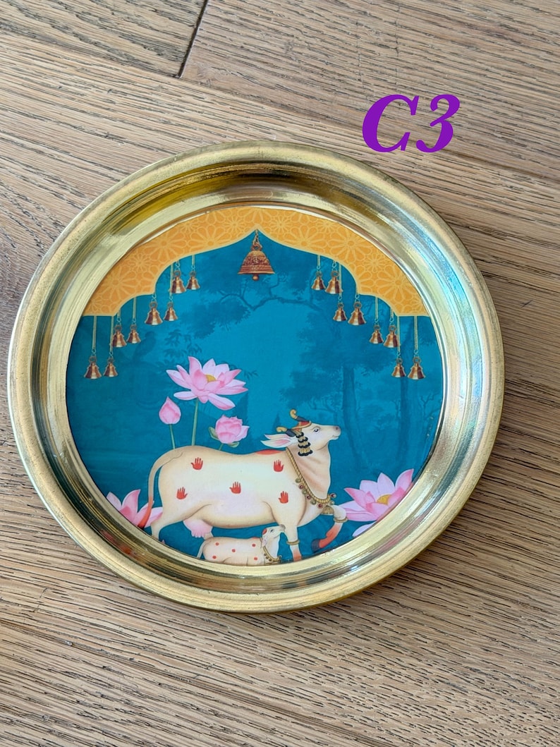 6” Handmade Brass Pooja Thali USA | Pichwai Cow Art | Indian Puja Plate | Diwali Gift | Wedding Return Gift Bulk C3