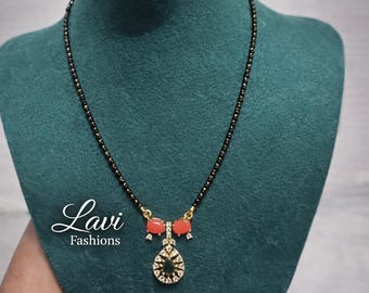 Coral and Green Stones Black Beads Mangalsutra | Traditional Hindu Jewelry | Gift for Her| Traditional Necklace for Women