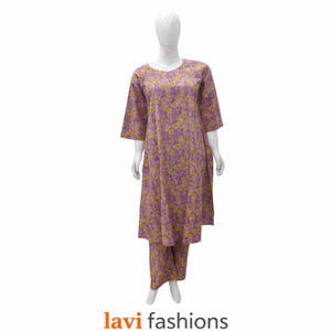 May include: A two-piece outfit featuring a long-sleeved tunic and matching pants. The set is a light purple with a yellow floral pattern. The outfit is displayed on a mannequin. The brand name "lavi fashions" is at the bottom.