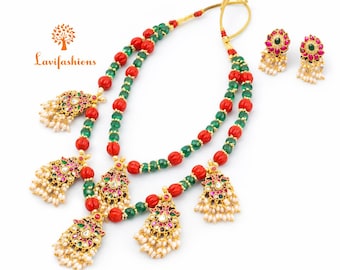 Indian Jewelry Set, Red Green Beaded Necklace, Gold Plated Earrings, Bollywood Jewelry
