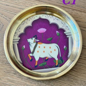6” Handmade Brass Pooja Thali USA | Pichwai Cow Art | Indian Puja Plate | Diwali Gift | Wedding Return Gift Bulk C1