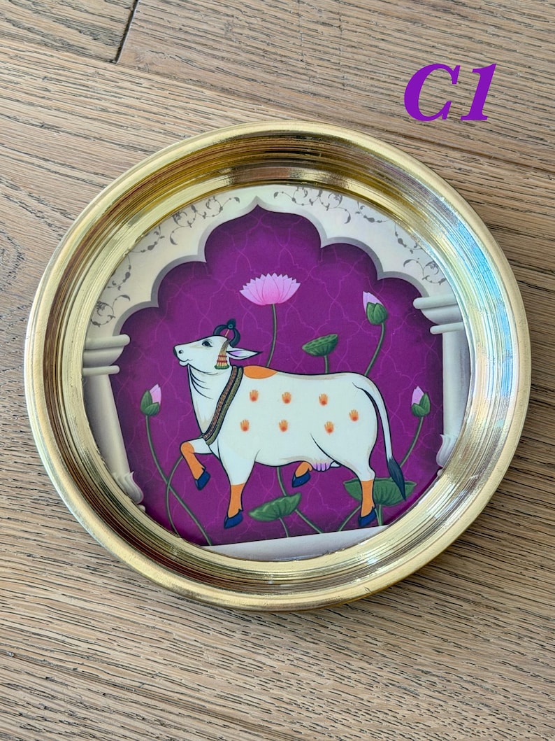 6” Handmade Brass Pooja Thali USA | Pichwai Cow Art | Indian Puja Plate | Diwali Gift | Wedding Return Gift Bulk C1