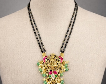 Jadau Kundan Black Beads Necklace | Traditional Lakshmi Pendant Mangalsutra Style | Temple Jewelry with Pearls & Green Stones