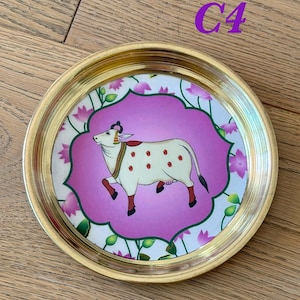6” Handmade Brass Pooja Thali USA | Pichwai Cow Art | Indian Puja Plate | Diwali Gift | Wedding Return Gift Bulk C4