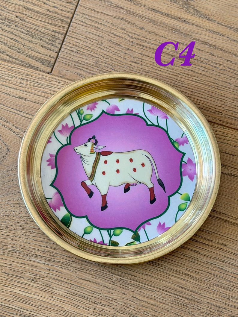 6” Handmade Brass Pooja Thali USA | Pichwai Cow Art | Indian Puja Plate | Diwali Gift | Wedding Return Gift Bulk C4