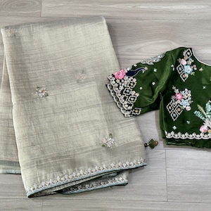 Elegant Tissue Saree with All Over Coding Work Motifs | Scalloped Border | Designer Tassels | Stitched Blouse Included | Party Wear Saree