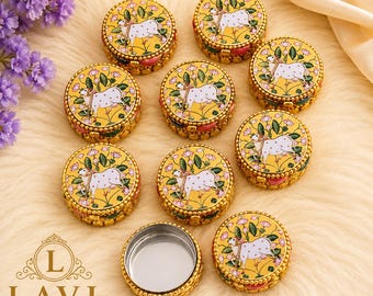 Round Pichwai Kumkum Haldi Holder Pack Of 10|  Indian Return Gift | Ethnic Thamboolam Favor | Festive Pooja Decor | Housewarming Gift Idea