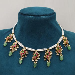 Jadau Kundan Small Necklace with Sugar Pearl & Mint Green Beads | Elegant Indian Jewelry