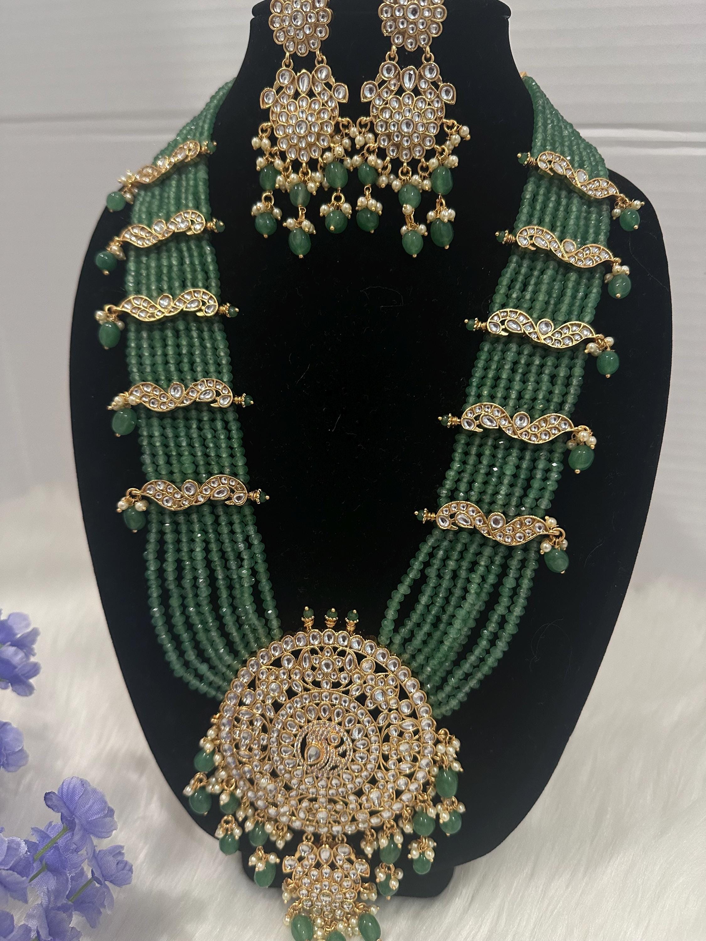 Elegant Long Kempu Green Haram Necklace/ Wedding Jewelry