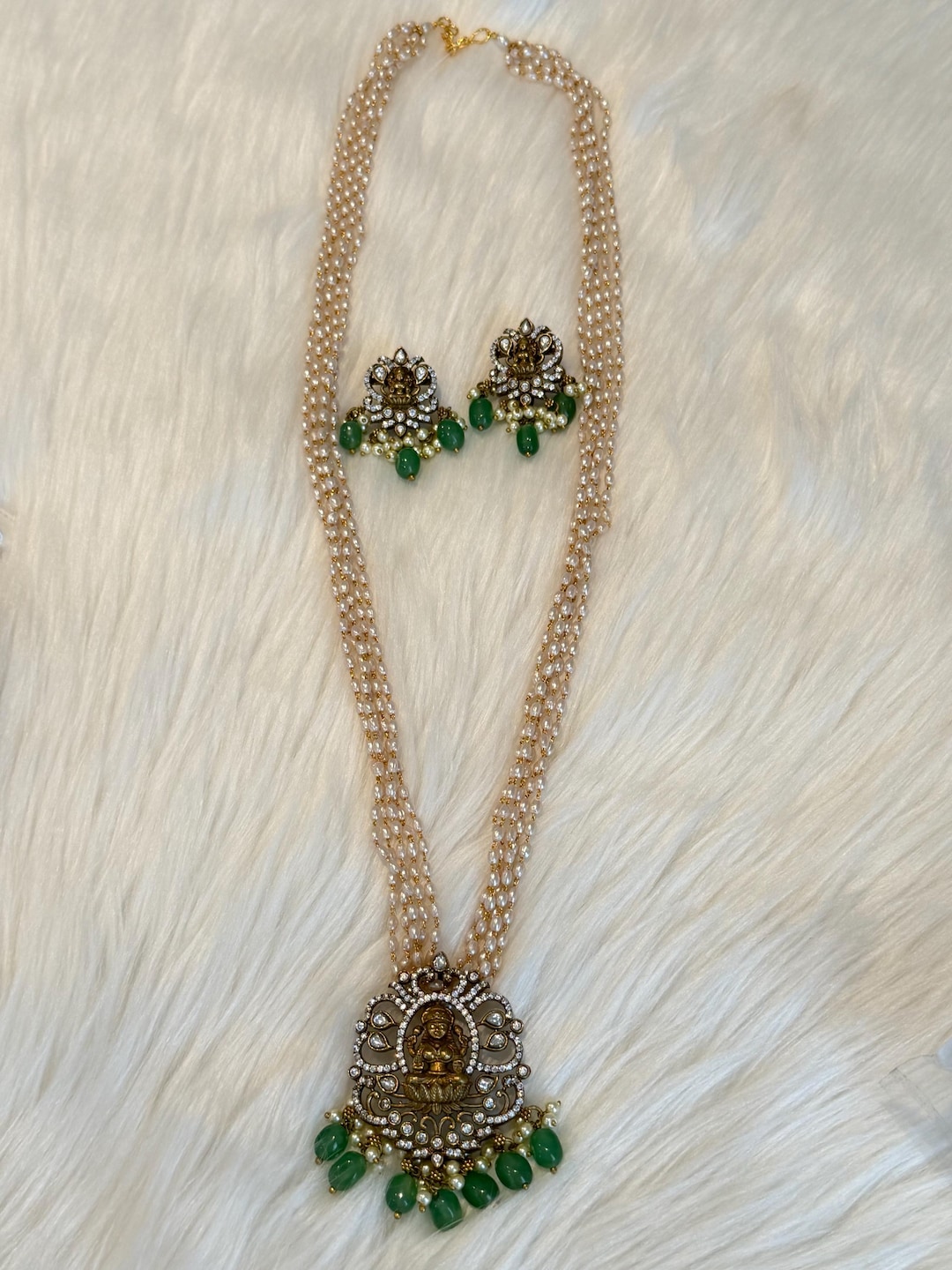 Rice Pearls Multi-strand Temple Necklace Set With Lakshmi ...