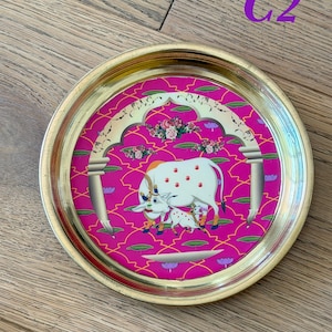 6” Handmade Brass Pooja Thali USA | Pichwai Cow Art | Indian Puja Plate | Diwali Gift | Wedding Return Gift Bulk C2