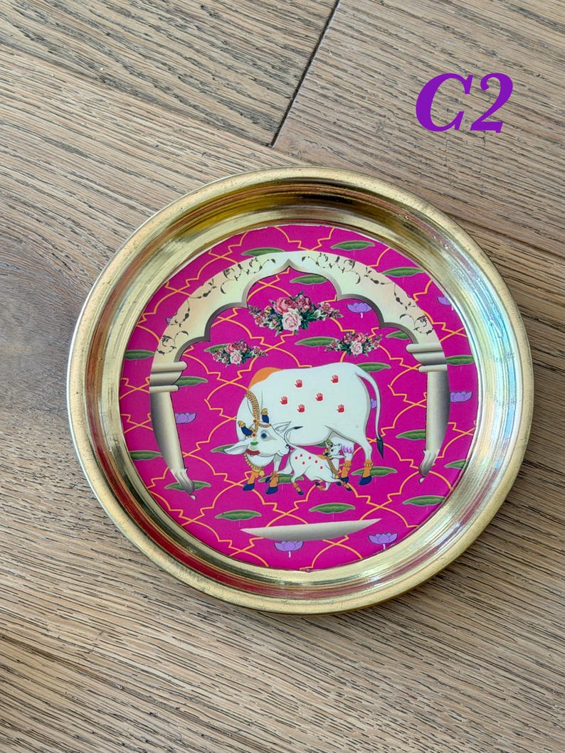 6” Handmade Brass Pooja Thali USA | Pichwai Cow Art | Indian Puja Plate | Diwali Gift | Wedding Return Gift Bulk C2
