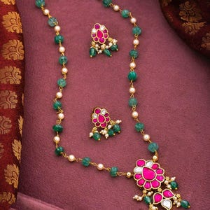 Jadau Kundan Mala Set with Real Strawberry Beads | Ethnic Jewelry for Women | Festive & Party Wear Necklace with Earrings