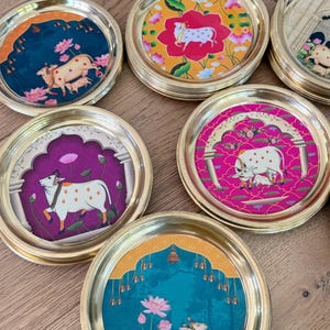 6” Handmade Brass Pooja Thali USA | Pichwai Cow Art | Indian Puja Plate | Diwali Gift | Wedding Return Gift Bulk image 3