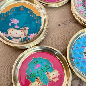 6” Handmade Brass Pooja Thali USA | Pichwai Cow Art | Indian Puja Plate | Diwali Gift | Wedding Return Gift Bulk image 4