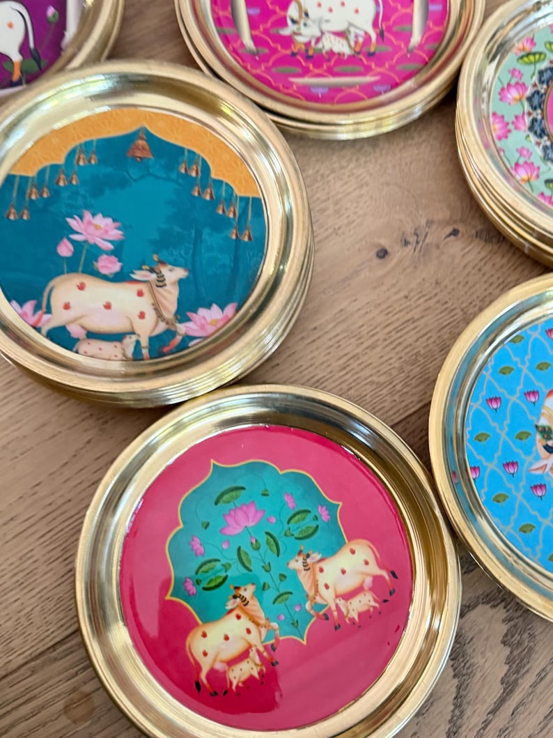 6” Handmade Brass Pooja Thali USA | Pichwai Cow Art | Indian Puja Plate | Diwali Gift | Wedding Return Gift Bulk image 4