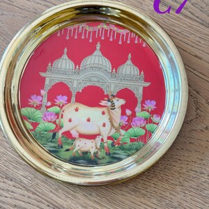 6” Handmade Brass Pooja Thali USA | Pichwai Cow Art | Indian Puja Plate | Diwali Gift | Wedding Return Gift Bulk C7