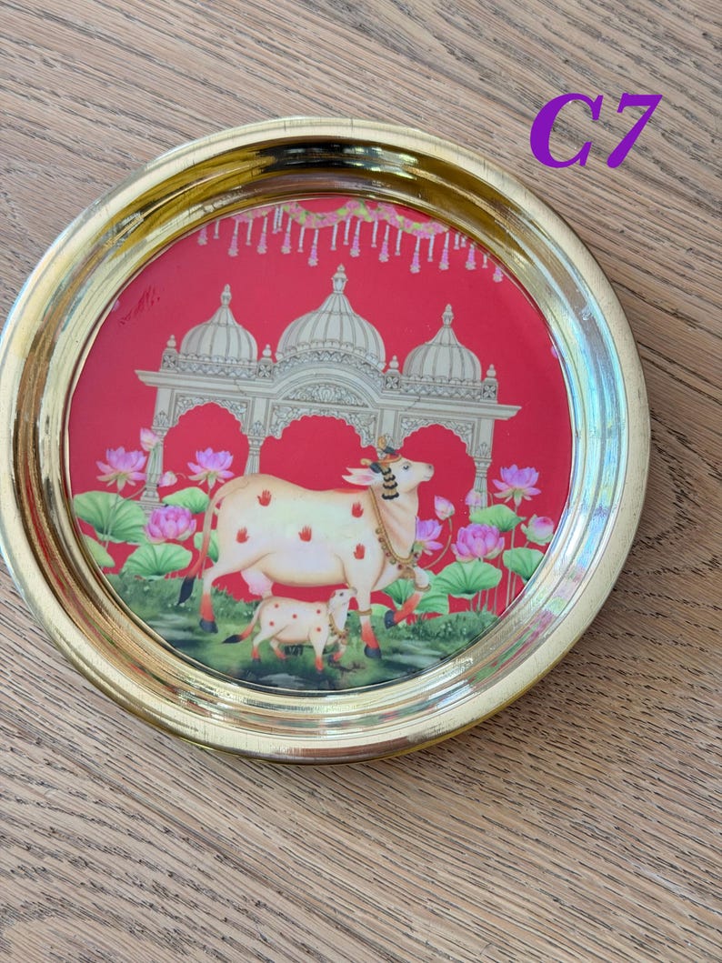 6” Handmade Brass Pooja Thali USA | Pichwai Cow Art | Indian Puja Plate | Diwali Gift | Wedding Return Gift Bulk C7