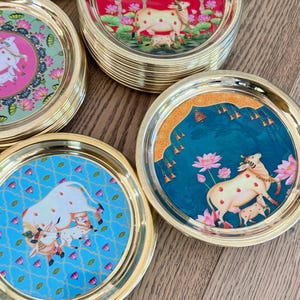 6” Handmade Brass Pooja Thali USA | Pichwai Cow Art | Indian Puja Plate | Diwali Gift | Wedding Return Gift Bulk image 2