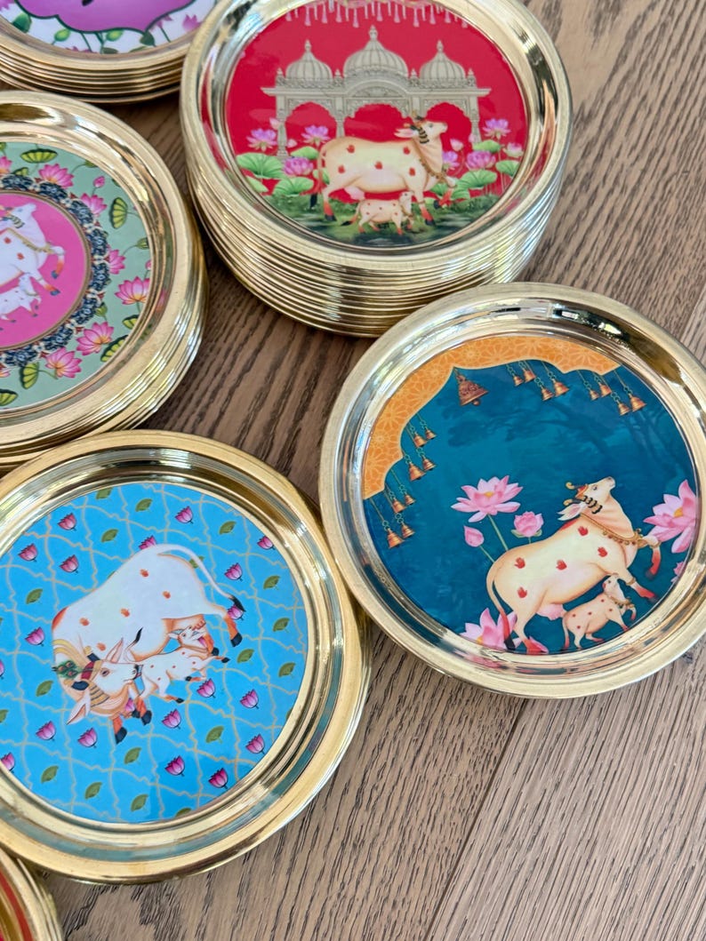 6” Handmade Brass Pooja Thali USA | Pichwai Cow Art | Indian Puja Plate | Diwali Gift | Wedding Return Gift Bulk image 2