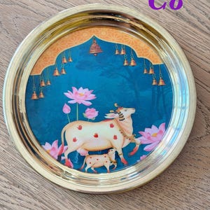 6” Handmade Brass Pooja Thali USA | Pichwai Cow Art | Indian Puja Plate | Diwali Gift | Wedding Return Gift Bulk C8
