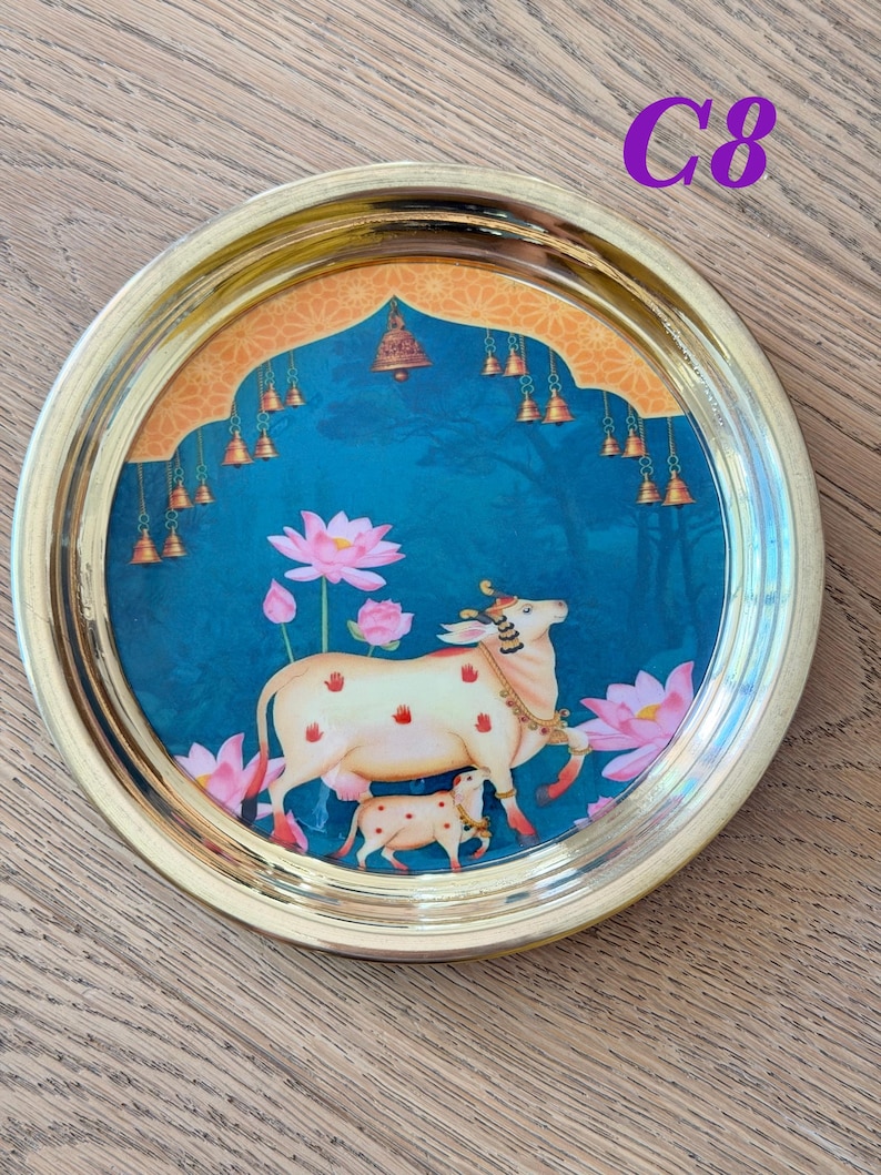 6” Handmade Brass Pooja Thali USA | Pichwai Cow Art | Indian Puja Plate | Diwali Gift | Wedding Return Gift Bulk C8
