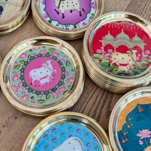 6” Handmade Brass Pooja Thali USA | Pichwai Cow Art | Indian Puja Plate | Diwali Gift | Wedding Return Gift Bulk image 5