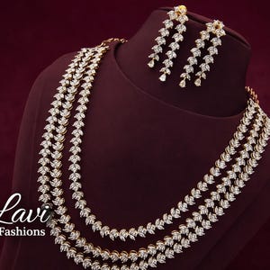 Diamond finish 3 layer haram and earrings/ earrings/ Saree jewelry/ festive/ partywear