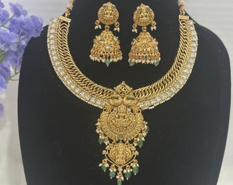Antique Gold Exclusive Jalebi Short Necklace With Earrings / Goddess Lakshmi/ Indian Jewelry