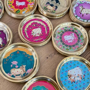 6” Handmade Brass Pooja Thali USA | Pichwai Cow Art | Indian Puja Plate | Diwali Gift | Wedding Return Gift Bulk image 6