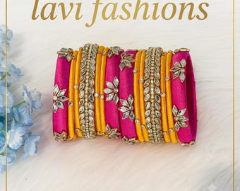Silk Thread Kundan Bangles Set USA | Pink Yellow Stone Bangle Stack | South Indian Bridal Bangles | Wedding Return Gift | Festive Bangles