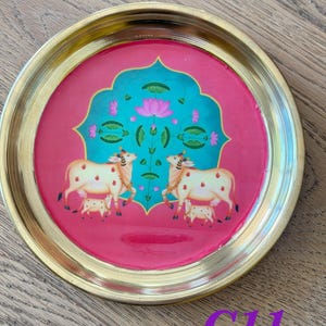 6” Handmade Brass Pooja Thali USA | Pichwai Cow Art | Indian Puja Plate | Diwali Gift | Wedding Return Gift Bulk C11