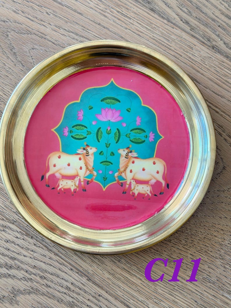 6” Handmade Brass Pooja Thali USA | Pichwai Cow Art | Indian Puja Plate | Diwali Gift | Wedding Return Gift Bulk C11