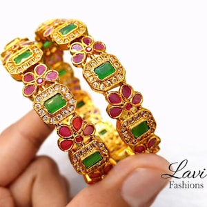 Set of 2 Emerald Green & Ruby Bangles | Indian Wedding Jewelry | Traditional Gold Plated Bangles