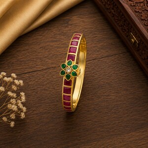 Jadau Kundan Adjustable Kada | Gold Plated Ruby Green Stone Bangle | Indian Festive Jewelry | Single Bracelet