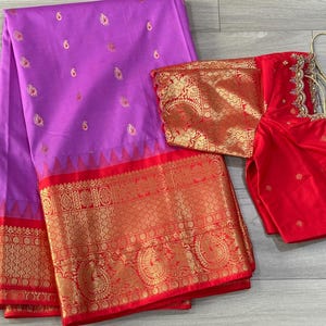 Gadwal Semi Pattu Silk Saree with Stitched Maggam Work Blouse | Ready to Wear Indian Saree Set | Wedding, Festive, Party Wear