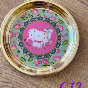 6” Handmade Brass Pooja Thali USA | Pichwai Cow Art | Indian Puja Plate | Diwali Gift | Wedding Return Gift Bulk C12