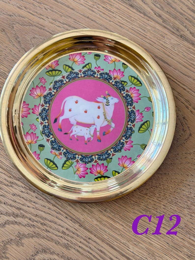 6” Handmade Brass Pooja Thali USA | Pichwai Cow Art | Indian Puja Plate | Diwali Gift | Wedding Return Gift Bulk C12