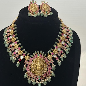 Ganesha Jadau Kundan Necklace Set with Earrings | Indian Ethnic Jewelry | Festival & Wedding Gift for Her | Traditional Pendant Set