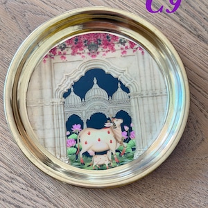 6” Handmade Brass Pooja Thali USA | Pichwai Cow Art | Indian Puja Plate | Diwali Gift | Wedding Return Gift Bulk C9